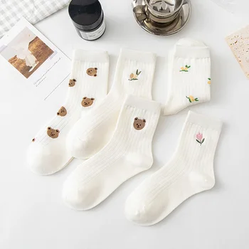 Нов забавен литературен Свеж академичен стил, Cartoony мечка, цвете, растение, Бели, меки памучни пролетно-летни чорапи в стил харадзюку за момичета в подарък