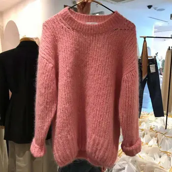 Нова есенно-зимния женски свободен вязаный пуловер, пуловер, ретро Елегантен женски вязаный топъл пуловер с кръгло деколте и дълъг ръкав, потници D310