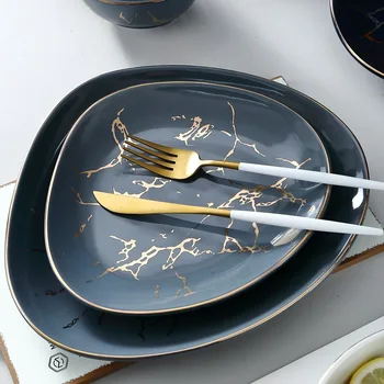 Нова керамична чиния от пном пен в скандинавски стил, съдове от златист мрамор, западната чиния чиния пържола, купа за ориз, салатница