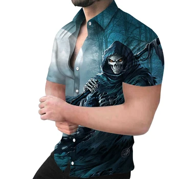 Нова мъжка риза, модерен топ с 3D принтом на Черепа, къс ръкав, летни мъжки ежедневни тениска с отложным яка и копчета, дрехи