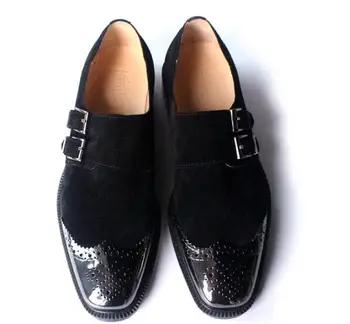 Нова мъжки обувки с метален засовом, черни мъжки обувки от волска кожа, велур, обувки с монашеским каишка, вечерни сватбени обувки са ръчно изработени