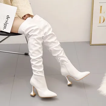 Нови модни дамски ботуши над коляното с дълъг ръкав, зимни модерни и секси дамски ежедневни обувки-лодка от лачена кожа на висок ток за момичета