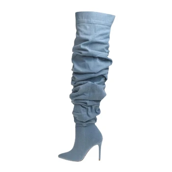 Нови нагънат ботфорты над коляното, пролет 2023, дамски дизайнерски обувки на висок ток с остър пръсти, уличен стил, модни лодка за момичета, Размер 42