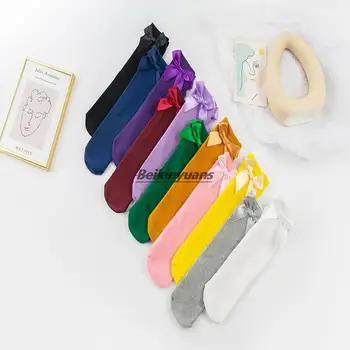 Нови пролетно-летни памучни чорапи-тръби с лък и двойна игла за момичета, свободни детски чорапи с дрямка