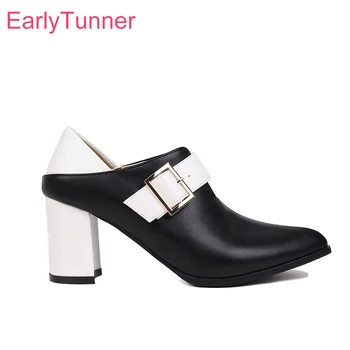 Нови удобни черно-бели женски обувки-лодка с остри пръсти на високо блок обувки, дамски обувки за партита, големи размери 12 на 31 43 45 47