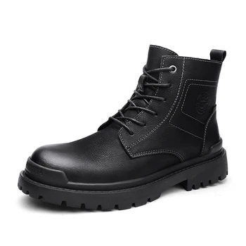Нови черни топли зимни мъжки обувки, ботильоны от естествена кожа, мъжки зимни работна обувки, мъжки военни обувки, зимни обувки на платформа, обков за