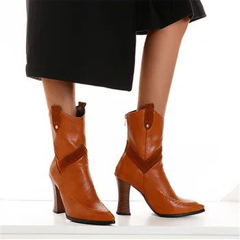 Новост 2021 г., женски ботуши на висок ток, Полусапожки на дебелите обувки с остри пръсти, Дамски Модни Зимни Обувки за Партита, Дамски Размери 34-43