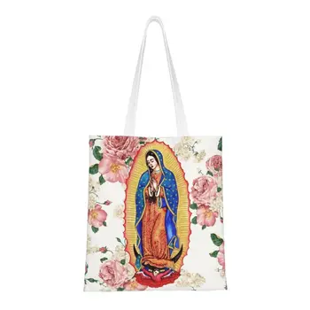 Обичай холщовые чанти за пазаруване Virgin Of Guadalupe, женски Преносими бакалски стоки, мексикански католически чанта за пазаруване Virgin Mary