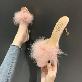 Обувки за жени, новост 2023 г., дамски чехли на висок ток с отворени пръсти и фин гърло, модни дамски чехли с кръгла пръсти и кожа, Mujer