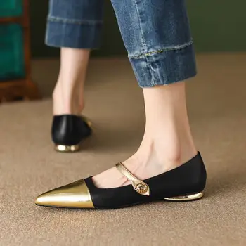От 9 години, магазин, дамски обувки от естествена кожа на петите, пролетно златна модни дамски обувки на нисък ток с остър пръсти от висок клас