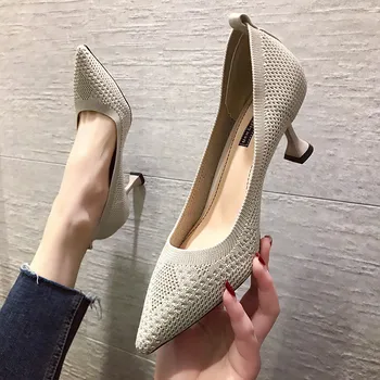 Офис дамски обувки на висок ток от плетиво еластична тъкан, женски модел обувки на висок ток, основни обувки на висок ток с остър пръсти, Zapatos Mujer, пролет