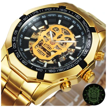 Официални автоматично златен часовник WINNER, мъжки модни механични часовници с виртуален скелет и череп, най-добрата марка за луксозни стоманена каишка, светещи облекчения
