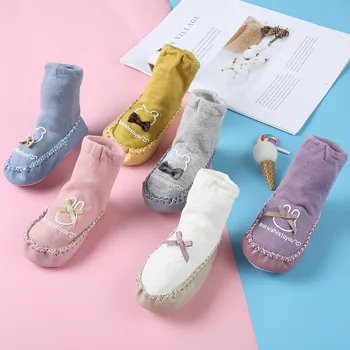 Памучни чорапи, детски обувки с мека подметка и анимационни лък, детски подови обувки за деца, мини детски чорапи