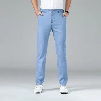По-големи размери, летни мъжки светло синьо стрейчевые прави дънки, класически стил, бизнес ежедневни дънкови панталони, мъжки маркови панталони
