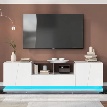 Поставка за телевизор от закалено стъкло, Модерен Лъскав развлекателен център за телевизори до 72 инча, led подсветка, променя цвета си, Бял
