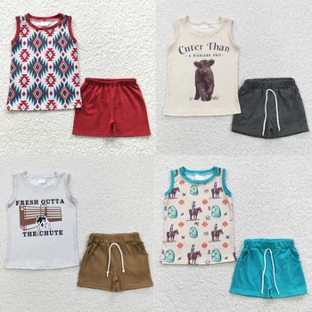 Продажба на едро Летен комплект за Малки момчета, детска тениска без ръкави, с принтом Крави в западен стил, памучни къси панталони с джобове за Деца, детски дрехи