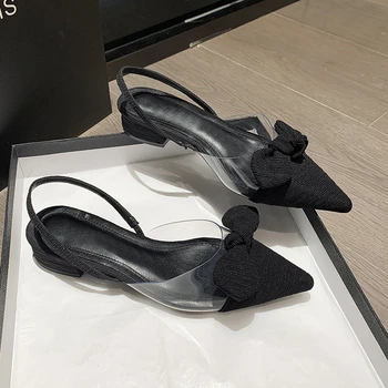 Прозрачни PVC високи токчета на Обувки лодка с лък каишка на глезена капак пета нощен клуб сандали за жени обувки с отворени пръсти и каишка на петата