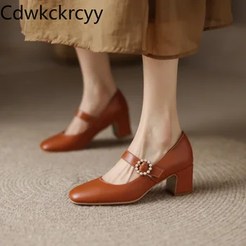 Пролет-есен Нова стилна модни дамски обувки на висок ток с квадратни пръсти и глоба в ключалката, дамски обувки на дебелите ток с перли