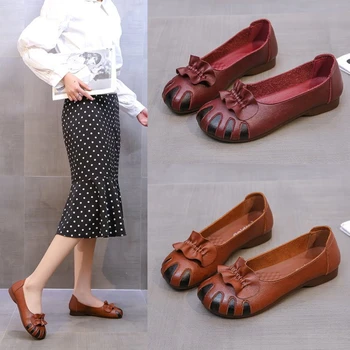 Пролет-есен нова мода работна малка кожена обувки, удобни спортни обувки с мека подметка, ежедневни дамски обувки в стил ретро с кръгло бомбе