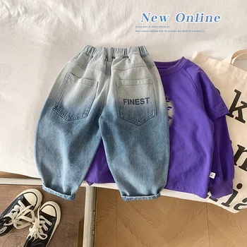 Пролетни нови детски панталони 2023, детски дънки в корейски стил за момчета, пролет-лято красиви панталони с прав штанинами