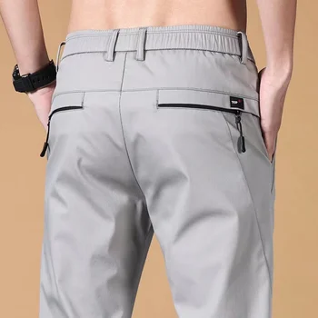 Пролетно-летни мъжки ежедневни панталони на Тънки приталенные прави панталони цвят Каки Еластичността на Ice Silk Бизнес ежедневни панталони, Мъжки панталони Нови