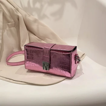 Проста дамски чанта от изкуствена кожа, квадратна блестяща кожена чанта, универсална чанта на едно рамо, чанти-незабавни посланици за жени, благородна чанта