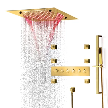 Разкошен Златен Изискан Комплект за тропически душ в европейски стил, 20 инча, водопад, Месинг смесител за Баня, смесител за душ с пързалка