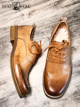 Ретро дизайн, мъжки дерби с квадратни пръсти, офис мъжки ежедневните бизнес модела обувки от естествена кожа, дантела, ръчно изработени обувки от телешка кожа