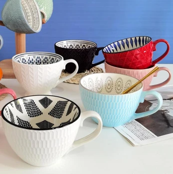 Ретро креативните керамични чаши с релефна в скандинавски стил десерт люспи закуска мляко, чаши за кафе кавайные чаши