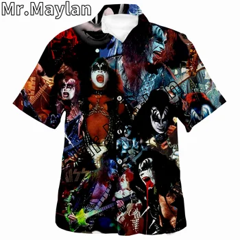 Риза с 3D принтом Rock Kiss Band, Хавайска риза, мъжка лятна риза с къс ръкав, мъжки ризи 2023, риза Оверсайз 5XL, Ризата Homme-067