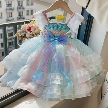 Рокля в стил Лолита за момичета, пролет-лято 2023, ново детско принцеса рокля, детско сетчатое дантелено рокля фея