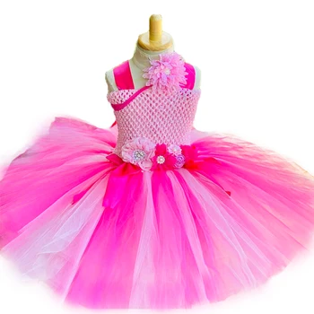 Рокля-пакетче принцеса с цветя модел за момичета, буйни рокля от розов тюл, детска рокля за сватба, рожден ден, детски отдел облекло