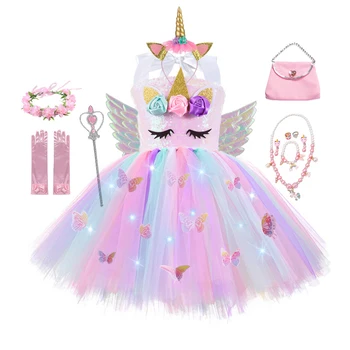 Рокля-пакетче с единорогом за момичета, облекло в пастелни цветове, пеперуда, рожден Ден за малки момичета, светещи рокли, тюлевые детски костюми за cosplay на Хелоуин