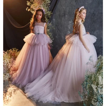 Рокля с цветя модел за момичета, дантелено рокля трапецовидна форма, без ръкави, с дължина до пода, с кръгло деколте, празнична принцеса рокля за абитуриентски бал, сватба вечерна рокля на шаферка