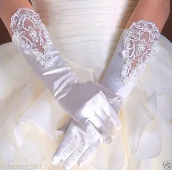 Сватбен костюм за причастие момичета с цветя модел, дълги сатенени ръкавици