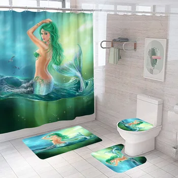 Секси Комплект завеси за душ с принтом Русалка, висококачествен комплект завеси за баня, Противоскользящий подложка за баня, мек килим, капак на тоалетната чиния