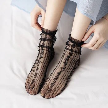 Секси дантелени чорапи с къдри в японски стил, тънки прозрачни летни чорапи с мрежа, дамски модни дълги чорапи в стил харадзюку в ретро стил