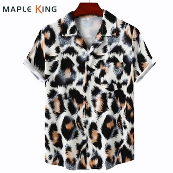 Секси леопардовая риза Hawain, мъжки ризи с къс ръкав от ледената коприна и куба яка, празнични ризи за партита 2022, свободна градинска дрехи, блузи, потници