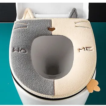 Сладък cartoony котка, дизайн, топли калъф за седалки за тоалетна с дръжка, дебели плюшени мат, универсална възглавници, аксесоари за баня
