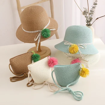 Сладък комплект от 2 теми, сламена шапка с панделка и помпоном за момчета и момичета, детска лятна шапка принцеса за пътуване, плажна шапка от слънцето и чанта на рамото, плажна шапка