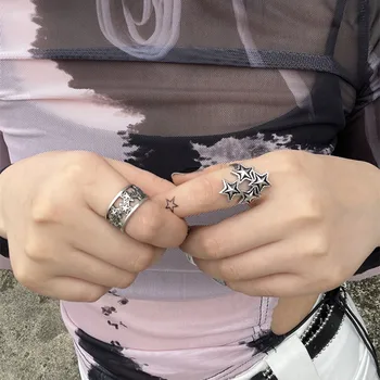 Сребърен пръстен в стил ретро с петолъчна звезда, Регулируем пръстен върху показалеца си в стил пънк и за жените, Нови модни прости елегантни бижута за булката