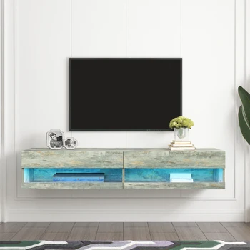 Стенни плаващ 80-инчов шкаф за телевизор с 20 цветни светодиоди, с място за съхранение, подходящи за всекидневна, сив