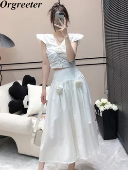 Стилна бяла рокля, комплект от 2 теми, дамски дрехи, скъпа съкратен топ с 3D цветен аппликацией, комплекти с дълга пола, женски ансамбъл