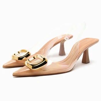 ТРАФИКА / Женски прозрачни обувки на висок ток, модерни офис прозрачни обувки на висок ток, сватбени обувки на висок ток с флип от облегалка, Лято 2023, дамски обувки-лодка 5 см
