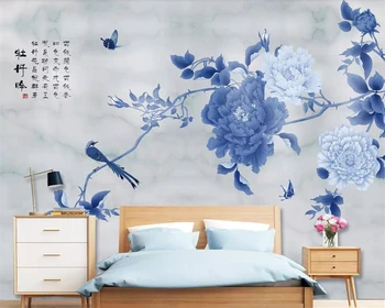 Тапети по поръчка Beibehang, китайска ръчно рисувани, божур, Птици и цветя, мрамор фон за телевизор, декорация на дома, 3D тапети