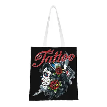 Татуировка Захарен Череп, дамски дизайнерска чанта за пазаруване, холщовая чанта-тоут, преносими чанти за пазаруване в мексиканския ден на мъртвите