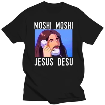 Тениска Moshi Moshi Jesus Desu С Забавен Мемом, Черен Памучен Мъжка Риза S 4Xl