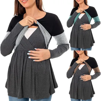 Тениска за бременни и кърмещи с дълъг ръкав в стил мозайка, капаци за медицински сестри, Блуза за кърмене, Дрехи за бременни, пуловер