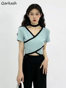 Тениски женски с V-образно деколте, с нов дизайн, корейски стил, летни секси Ins, студентски момичета, топла разпродажба, Модерни и уютни популярни прости Ulzzang