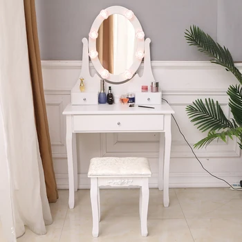 Тоалетка с огледало, луксозна овално огледало със завъртане на 360 градуса, тоалетка с огледало от МДФ с 3 чекмеджета 75x40x141 см, бял [В наличност в САЩ]